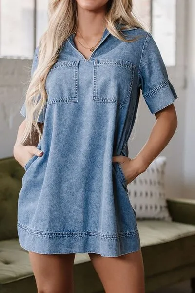 Short Sleeve Collared Patched Pocket Denim Mini Dress sold by Charming Charlie product image thumbnail 5