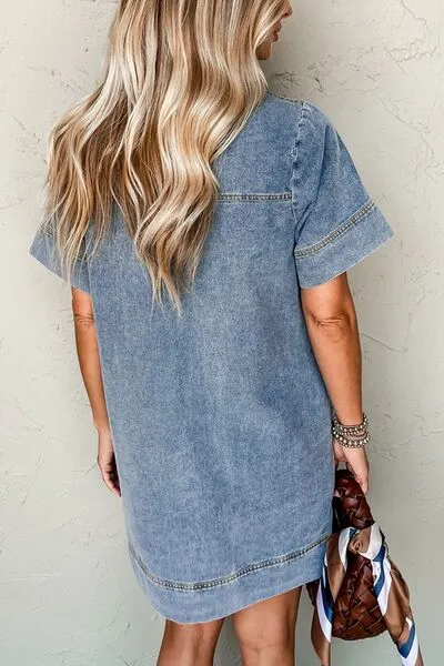 Short Sleeve Collared Patched Pocket Denim Mini Dress sold by Charming Charlie product image thumbnail 2