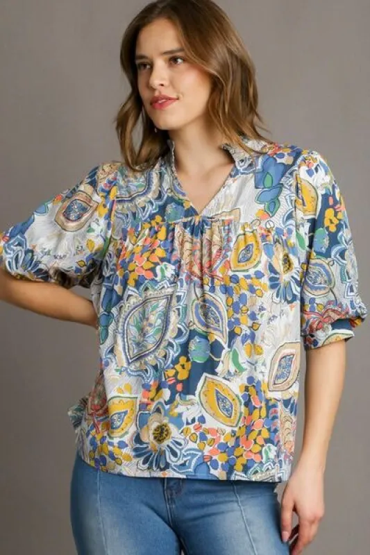 Umgee Full Size Mixed Print Notched Puff Sleeve Blouse Plus Size sold by Charming Charlie