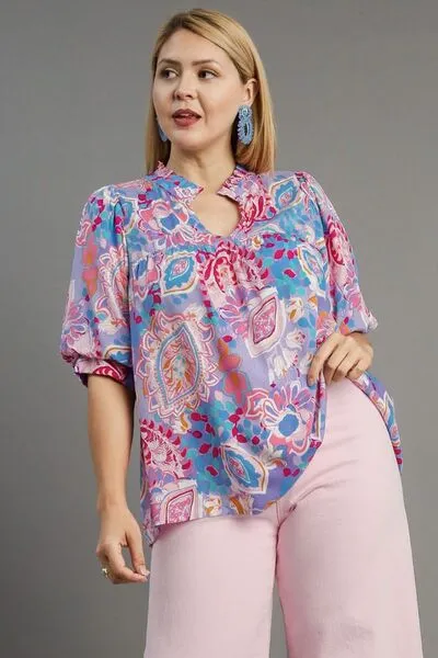 Umgee Full Size Mixed Print Notched Puff Sleeve Blouse Plus Size sold by Charming Charlie product image thumbnail 3