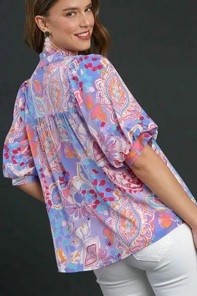 Umgee Full Size Mixed Print Notched Puff Sleeve Blouse Plus Size sold by Charming Charlie product image thumbnail 2