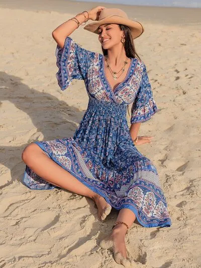 Ruched Printed Flounce Sleeve Midi Dress sold by Charming Charlie product image thumbnail 4