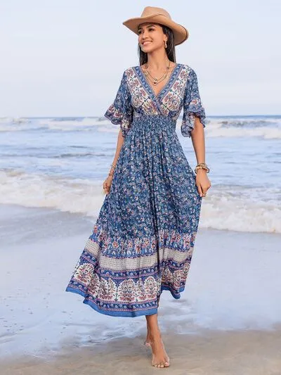 Ruched Printed Flounce Sleeve Midi Dress sold by Charming Charlie
