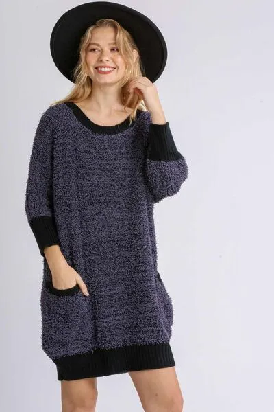 Umgee Full Size Ribbed Hem Round Neck 3/4 Sleeve Sweater Dress with Pockets Plus Size sold by Charming Charlie