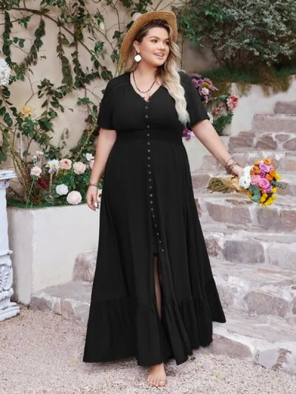 Plus Size Ruffled Hem Button Down V-Neck Short Sleeve Maxi Dress sold by Charming Charlie