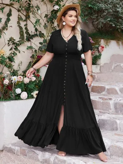 Plus Size Ruffled Hem Button Down V-Neck Short Sleeve Maxi Dress sold by Charming Charlie product image thumbnail 2