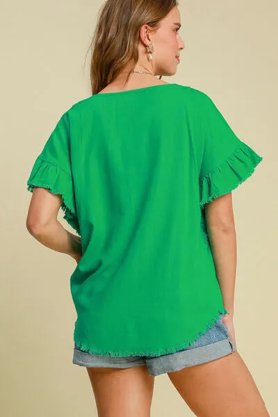 Umgee Full Size Raw Hem Ruffle Short Sleeve Blouse Plus Size sold by Charming Charlie product image thumbnail 3