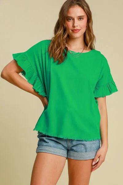 Umgee Full Size Raw Hem Ruffle Short Sleeve Blouse Plus Size sold by Charming Charlie