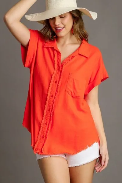 Umgee Full Size Linen Blend Button Down Short Folded Sleeve Shirt Plus Size sold by Charming Charlie