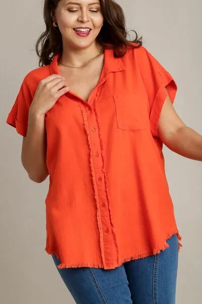 Umgee Full Size Linen Blend Button Down Short Folded Sleeve Shirt Plus Size sold by Charming Charlie product image thumbnail 3