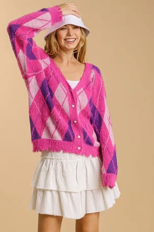 Umgee Full Size Argyle Pattern V-Neck Button Front Cardigan Plus Size sold by Charming Charlie