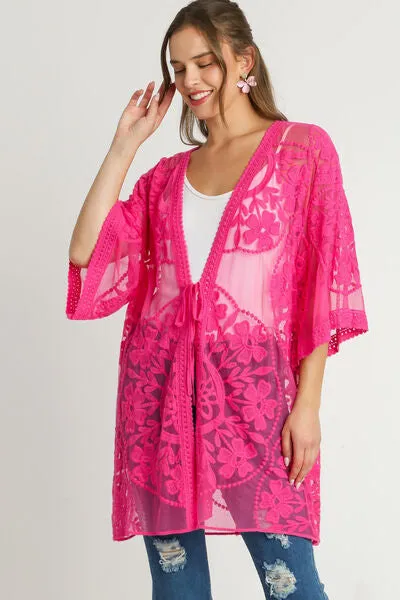 Umgee Full Size Floral Lace Open Front Kimono Sleevee Cover Up with Waist Tie Plus Size sold by Charming Charlie