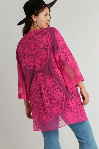 Umgee Full Size Floral Lace Open Front Kimono Sleevee Cover Up with Waist Tie Plus Size sold by Charming Charlie product image thumbnail 5