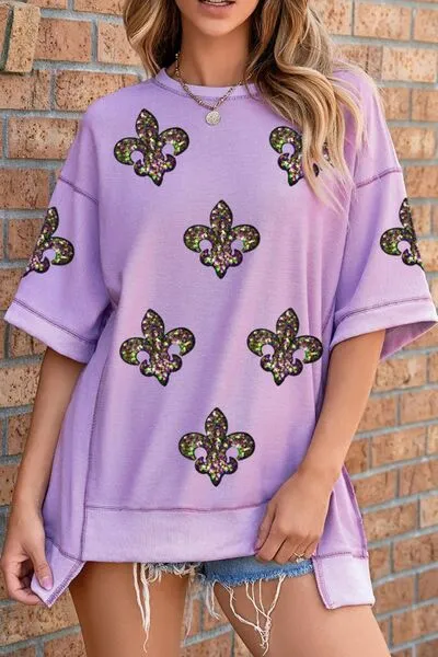 Mardi Gras Sequin Fleur De Lis Patched Exposed Seam Oversize Top sold by Charming Charlie product image thumbnail 4