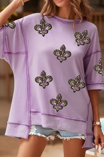 Mardi Gras Sequin Fleur De Lis Patched Exposed Seam Oversize Top sold by Charming Charlie product image thumbnail 2