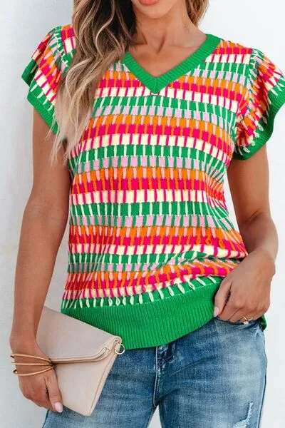 Contrast Striped V-Neck Knit Top sold by Charming Charlie