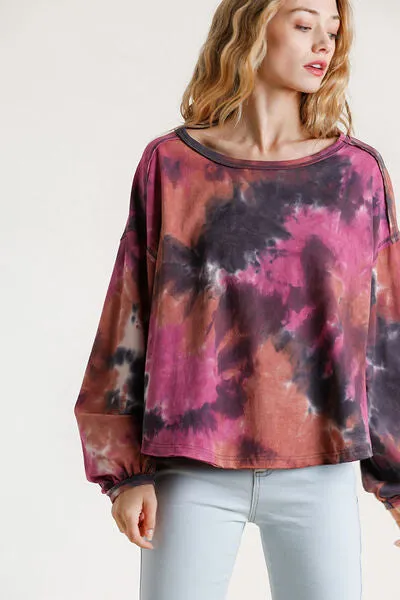 Umgee Full Size Tie Dye Round Neck Long Balloon Sleeve Top Plus Size sold by Charming Charlie