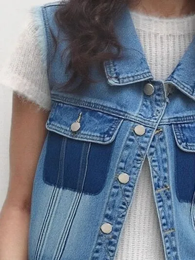 Raw Hem Pocketed Contrast Sleeveless Denim Jacket sold by Charming Charlie product image thumbnail 2