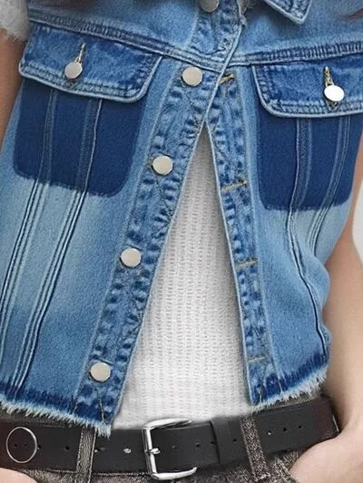 Raw Hem Pocketed Contrast Sleeveless Denim Jacket sold by Charming Charlie product image thumbnail 3
