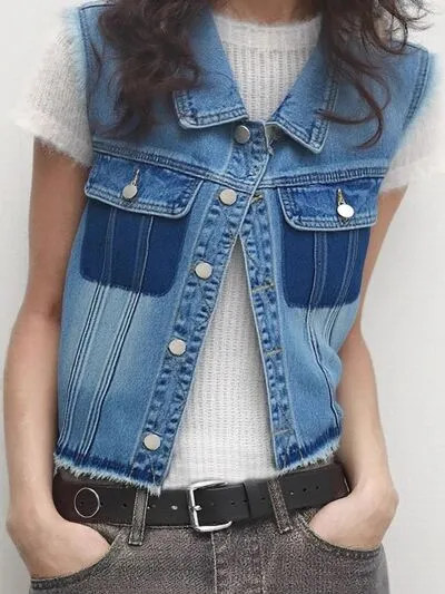 Raw Hem Pocketed Contrast Sleeveless Denim Jacket sold by Charming Charlie