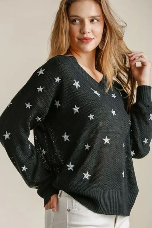 Umgee Full Size Star V-Neck Long Sleeve Sweater Plus Size sold by Charming Charlie