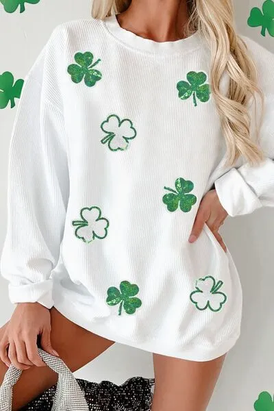 Sequin Lucky Clover Round Neck Long Sleeve Sweatshirt sold by Charming Charlie