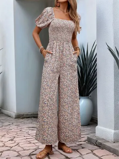 Perfee Ditsy Floral Smocked Square Neck Puff Sleeve Jumpsuit sold by Charming Charlie product image thumbnail 4
