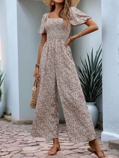 Perfee Ditsy Floral Smocked Square Neck Puff Sleeve Jumpsuit sold by Charming Charlie product image thumbnail 2