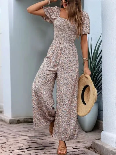 Perfee Ditsy Floral Smocked Square Neck Puff Sleeve Jumpsuit sold by Charming Charlie product image thumbnail 5