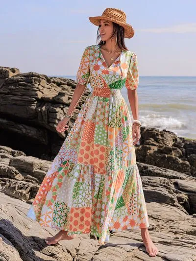 Printed Smocked Waist Short Sleeve Maxi Dress sold by Charming Charlie