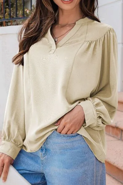 Lantern Sleeve Notched V Neck Ruched Blouse sold by Charming Charlie product image thumbnail 3