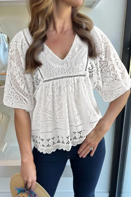 Lace Crochet Hollowed Scallop Hem V Neck Blouse sold by Charming Charlie