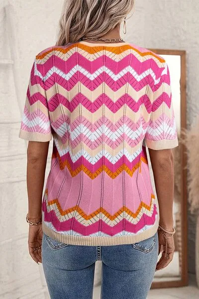 Stripe Chevron Openwork Round Neck Short Sleeve Knit Top sold by Charming Charlie product image thumbnail 2
