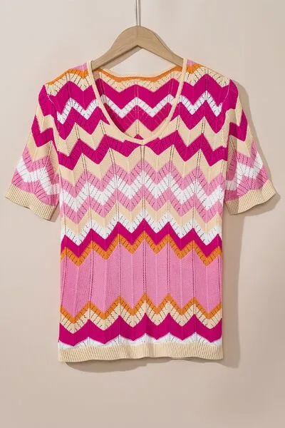Stripe Chevron Openwork Round Neck Short Sleeve Knit Top sold by Charming Charlie product image thumbnail 3