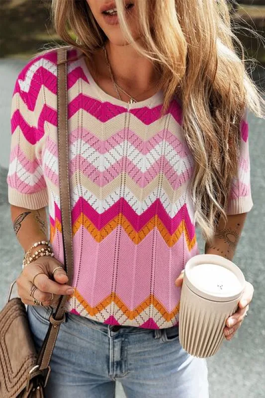 Stripe Chevron Openwork Round Neck Short Sleeve Knit Top sold by Charming Charlie