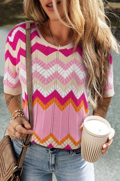 Stripe Chevron Openwork Round Neck Short Sleeve Knit Top sold by Charming Charlie