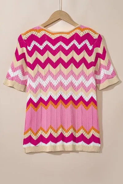 Stripe Chevron Openwork Round Neck Short Sleeve Knit Top sold by Charming Charlie product image thumbnail 4