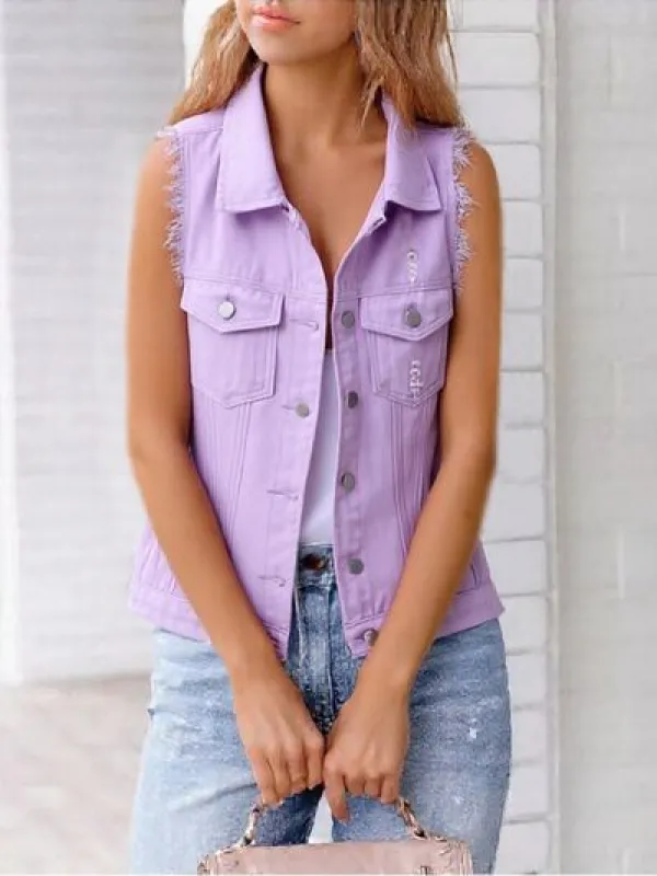 Full Size Button Down Raw Hem Sleeveless Denim Jacket Plus Size sold by Charming Charlie