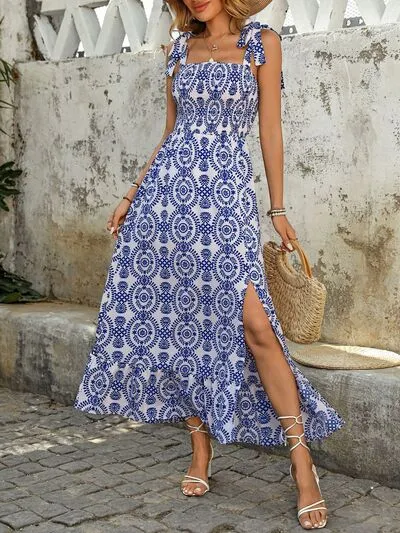 Perfee Slit Smocked Square Neck Printed Maxi Cami Dress sold by Charming Charlie
