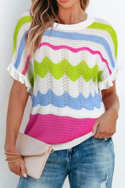 Color Block Crochet Ruffled Short Sleeve Knit Top sold by Charming Charlie product image thumbnail 4