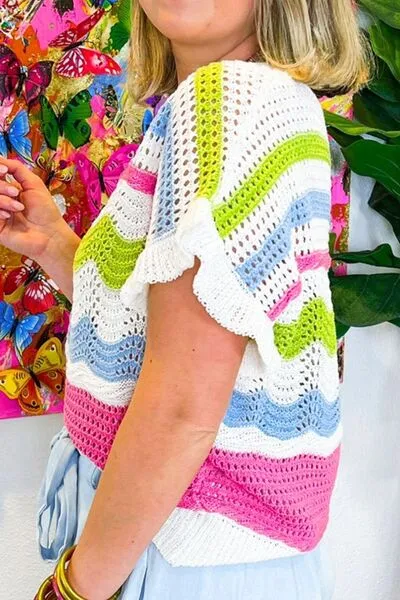 Color Block Crochet Ruffled Short Sleeve Knit Top sold by Charming Charlie product image thumbnail 3