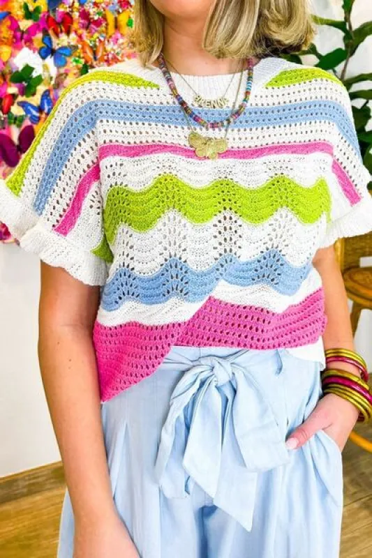 Color Block Crochet Ruffled Short Sleeve Knit Top sold by Charming Charlie