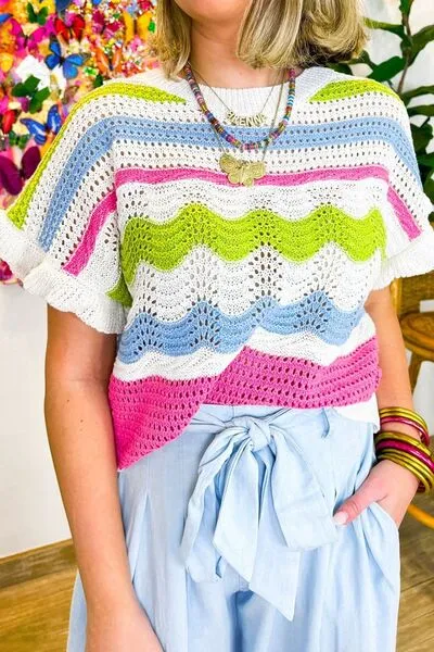 Color Block Crochet Ruffled Short Sleeve Knit Top sold by Charming Charlie