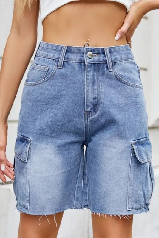 Raw Hem Washed Denim Shorts with Cargo Pockets sold by Charming Charlie