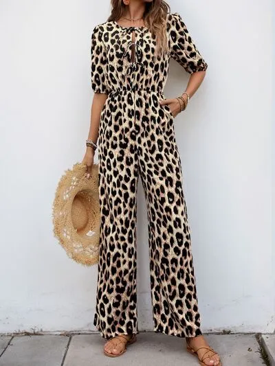 Perfee Tied Leopard Half Sleeve Jumpsuit sold by Charming Charlie