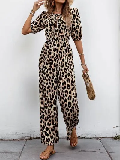 Perfee Tied Leopard Half Sleeve Jumpsuit sold by Charming Charlie product image thumbnail 4