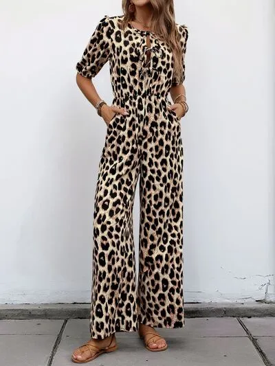 Perfee Tied Leopard Half Sleeve Jumpsuit sold by Charming Charlie product image thumbnail 5