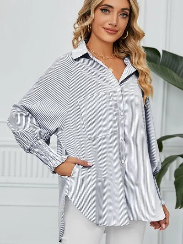 Striped Collared Neck Long Sleeve Shirt sold by Charming Charlie