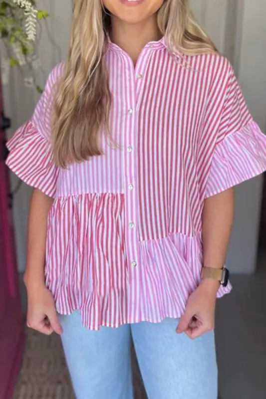 Button Down Striped Ruffled Hem Shirt sold by Charming Charlie