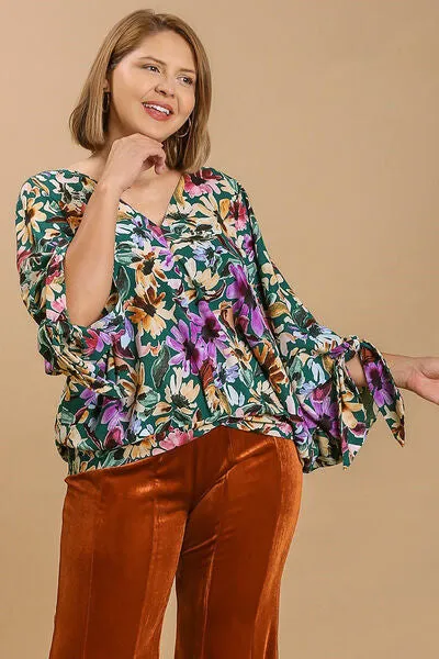 Umgee Full Size Floral V-Neck Tie Sleeve Blouse Plus Size sold by Charming Charlie product image thumbnail 4